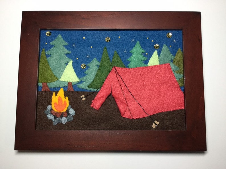 Camping Scene Felt Appliqué Forest Camp Red Tent Fire One Of A Kind 5 X 7 Piece
