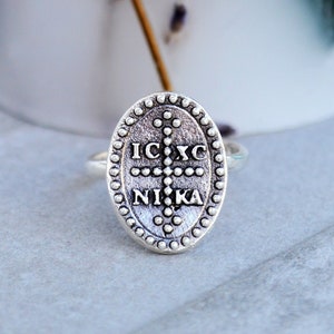 ICXC NIKA Christian Ring,Byzantine Cross Ring,Orthodox Cross Ring,Christian Constantine,Coin Ring,Adjustable Engraved Oval Ring,Antique Ring