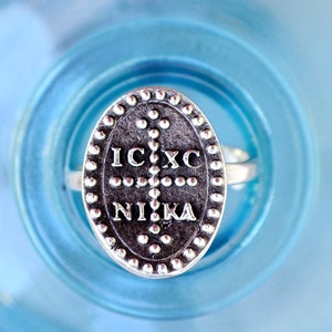 IC XC NIKA Ring,  Jesus Christ Conquers Orthodox Cross, Constantine Byzantine Christian Symbol, Adjustable Engraved Antique Oval Coin Ring