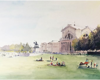 May include: Watercolor painting of a park scene with a large building and a statue in the background. People are relaxing on the grass. The painting has a soft, airy feel with muted colors.