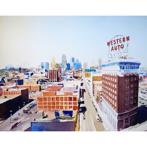 May include: A watercolor painting of a city skyline with a large red sign that reads "WESTERN AUTO" on top of a building. The painting is done in a realistic style and captures the details of the city.