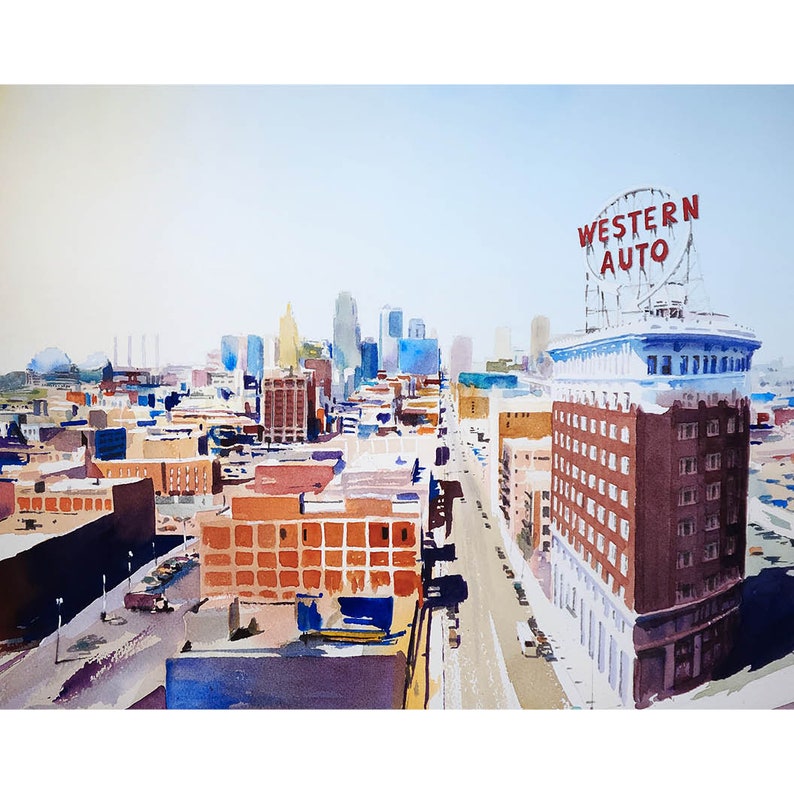 May include: A watercolor painting of a city skyline with a large red sign that reads "WESTERN AUTO" on top of a building. The painting is done in a realistic style and captures the details of the city.