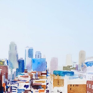 May include: Watercolor painting of a city skyline with tall buildings in shades of blue, brown, and gray. The sky is a light blue.