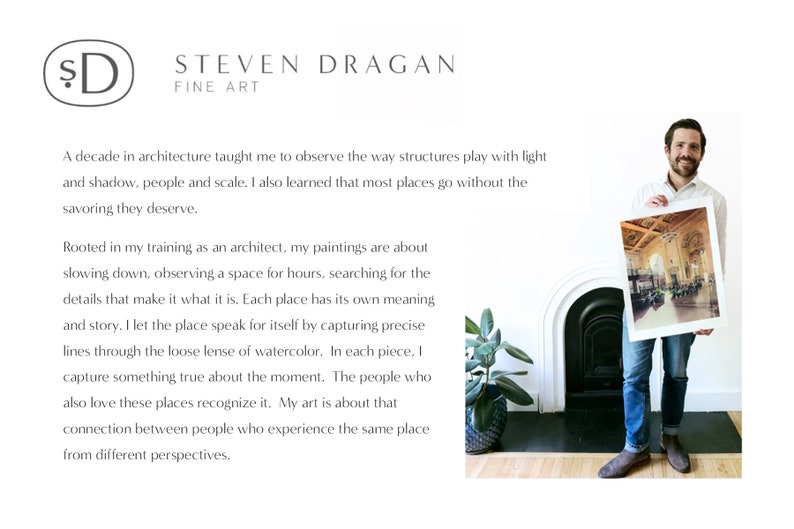 May include: A man stands in front of a fireplace holding a framed watercolor painting of a grand interior space. The painting features a high ceiling with intricate details and a large window. The text "STEVEN DRAGAN FINE ART" is visible at the top of the image.