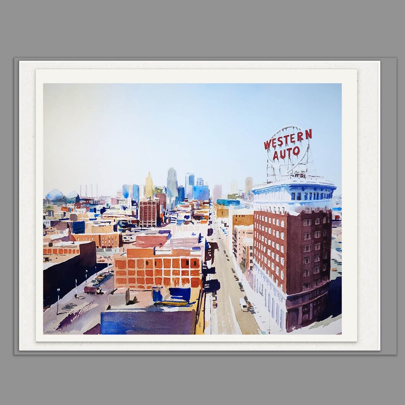 May include: A watercolor painting of a city skyline with a red and white sign that reads "Western Auto" on a building. The painting is done in a realistic style and features a variety of buildings, including a tall skyscraper with a clock tower.