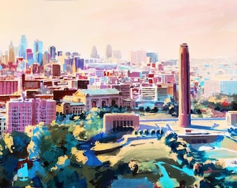 Könnte beinhalten: Ein farbenfrohes Gemälde einer Skyline mit einem hohen, roten Denkmal im Vordergrund. Die Stadt ist in Blautönen, Rosa und Gelb gemalt, mit einigen grünen Bäumen, die hier und da verteilt sind. Das Denkmal ist von einer grasbewachsenen Fläche mit einigen Bäumen und einer Straße umgeben.