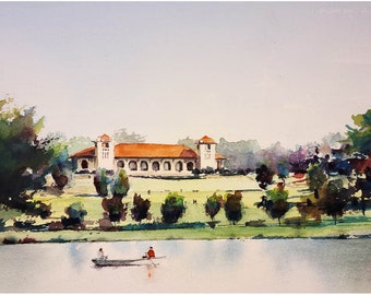 May include: Watercolor painting of a white building with a red tile roof, set against a backdrop of green trees and a lake. Two people are in a small boat on the lake.