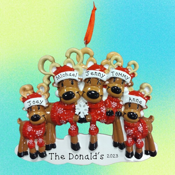 Reindeer Red Sweater Family of Five Personalized Ornament