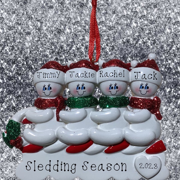 Toboggan Family of Four Personalized Ornament