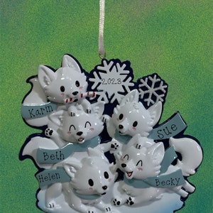 Polar Fox Family of Five Personalized Ornament