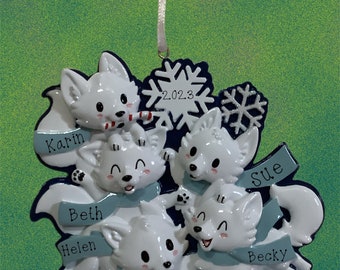 Polar Fox Family of Five Personalized Ornament