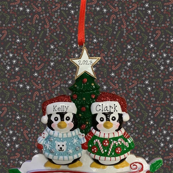Ugly Sweater Penguin family of Two Personalized Ornament