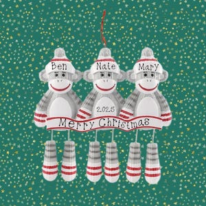 3 Sock Monkey Personalized Christmas Ornament with Names, Family Christmas Gift
