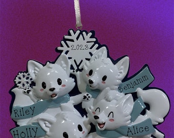 Polar Fox Family of Four Personalized Ornament
