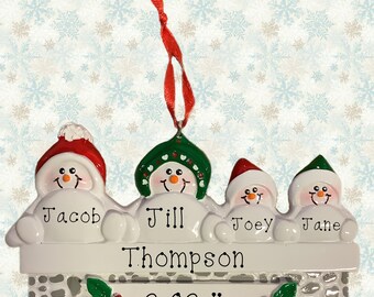 Snowman on Mantle Family of Four Personalized Ornament