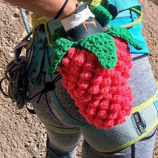 Handmade Crocheted Raspberry-Shaped Rock Climbing Chalk Bag Pattern