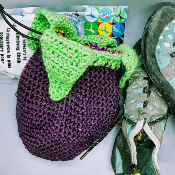 Funky Eggplant Veggie Rock Climbing Crochet Chalk Bag Pattern