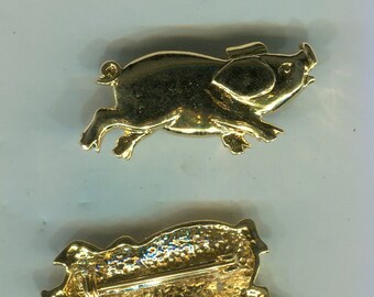 Broche vintage años 80 cerdo de la suerte oro 38x17 mm