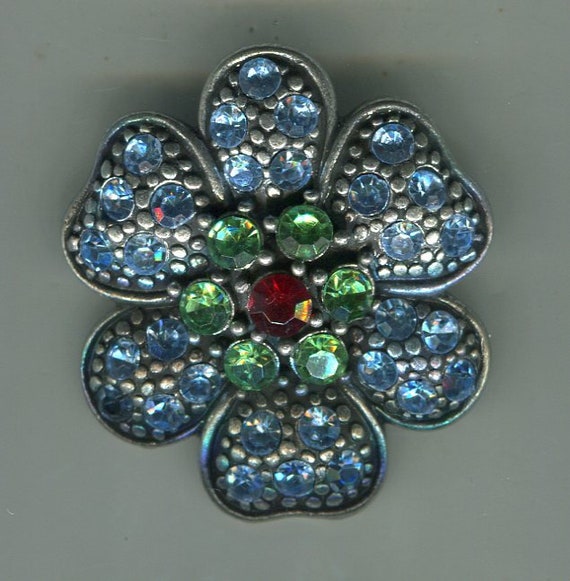 90er Jahre Strass Brosche Blüte alt-silber + aqua… - image 1