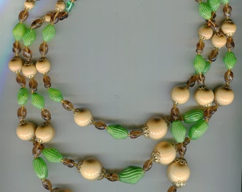 Collar de perlas de 3 hileras hecho a mano tamaño marrón + verde. 62