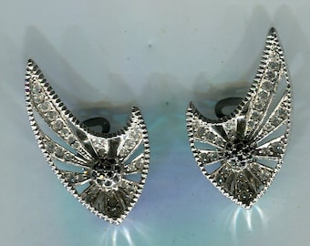 Jaren '80 strass clip-on oorbellen, zilveren bloesem tips, 36 x 20 mm