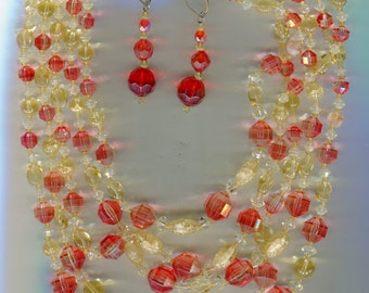 1 handmade jewelry set made of pearl necklace and earrings red + yellow