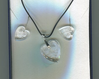 1 handmade jewelry set hearts with rose motif collar and earrings crystal frosted