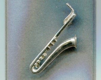 80s vintage brooch saxophone silver 44 x 30 mm