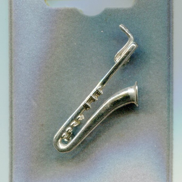 80er Vintage Brosche Saxophon silber 44x30 mm