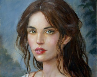 Dark haired girl in bodice oil painting