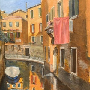 Venetiaans binnenwaterschilderij olieverf op bord 24 x 30 cm Venetië, Italië, kunstlandschap, kanaalscène