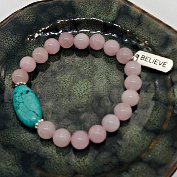 Rose Quartz & Turquoise Beaded Gemstone “Believe” bracelet, stackable gift for her, healing stones, yoga jewelry