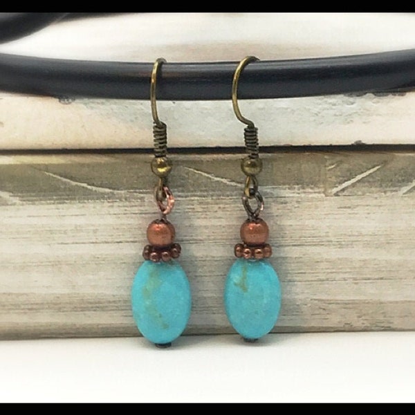 Turquoise Bronze beaded boho dangle simple gift for her daily wear earrings, gemstone jewelry, turquoise jewelry, south western jewelry blue