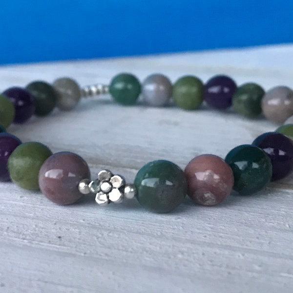 Amethyst, TaiWan Jade & Indian Agate Gemstone Bracelet, boho jewelry, stackable stretchy bracelet, yoga jewelry, gift for, gemstone bracelet