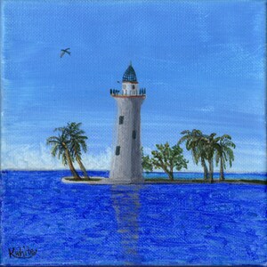 Boca Chita Lighthouse 6 x 6 x 1.5 Miniature Painting Original Acrylic on Canvas