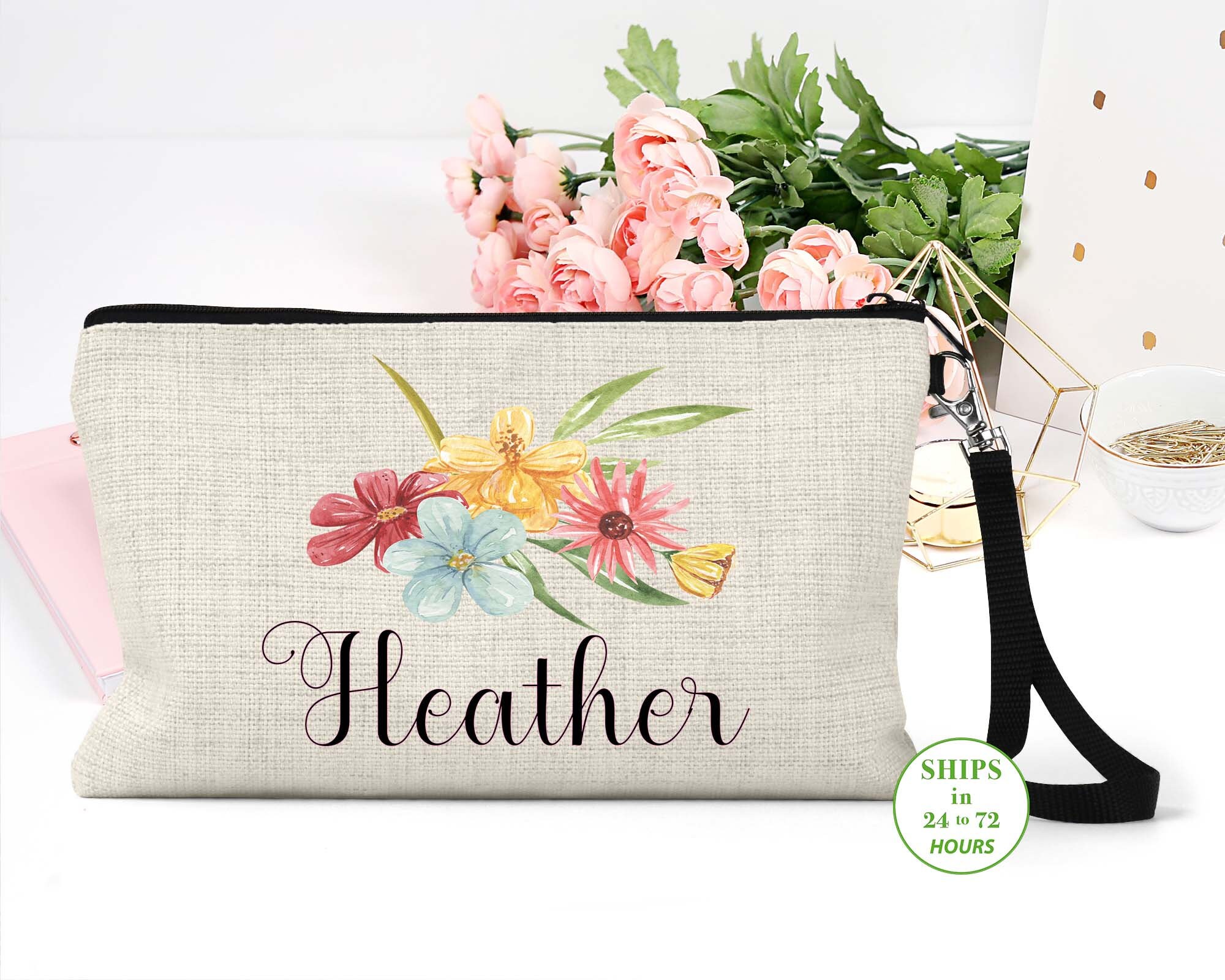 Personalized Floral Cosmetic Bag Name Makeup Bag Flower Etsy Australia