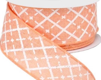 1.5” x 10 yard wired peach & white glitter argyle striped on royal burlap ribbon roll, RG01901ET