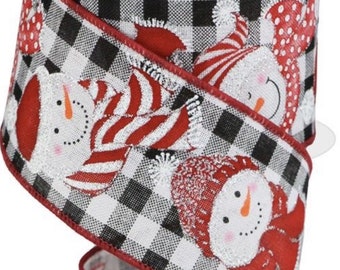 2.5” x 10 yard wired Christmas Snowman ribbon roll with black & white gingham check, RGA191402