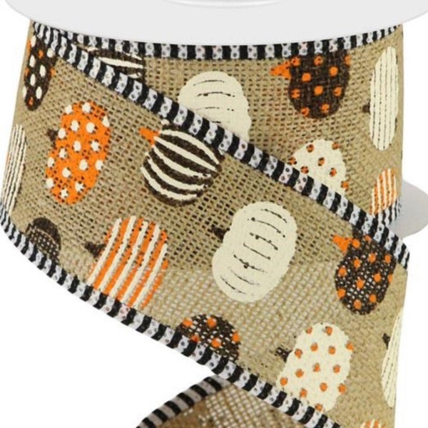 2.5” x 10 yard wired patterned pumpkins on beige  burlap with brown and orange, RGA821218