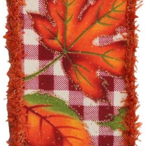 2.5” x 10 yard wired fall autumn leaves in orange and burgandy on gingham with drift, RGA837464