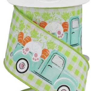 Rollo de cinta de arpillera real con diseño de camión de Pascua con alambre, cuadros verdes, de 2,5" x 10 yardas, RGA1603WW