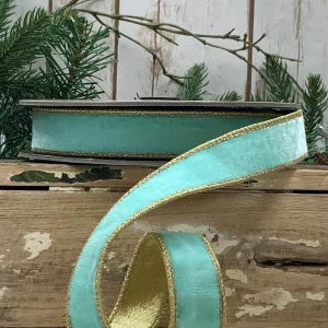 1&quot; x 10yds Wired light blue velvet with gold dupion back, blue velvet dStevens ribbon, dStevens, 05-0587