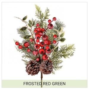 May include: Frosted red and green artificial Christmas sprig with red berries and pine cones.