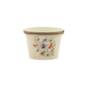 May include: A white ceramic planter with a brown rope trim and a dragonfly design. The planter has a speckled finish and features a cluster of colourful dragonflies on a branch.