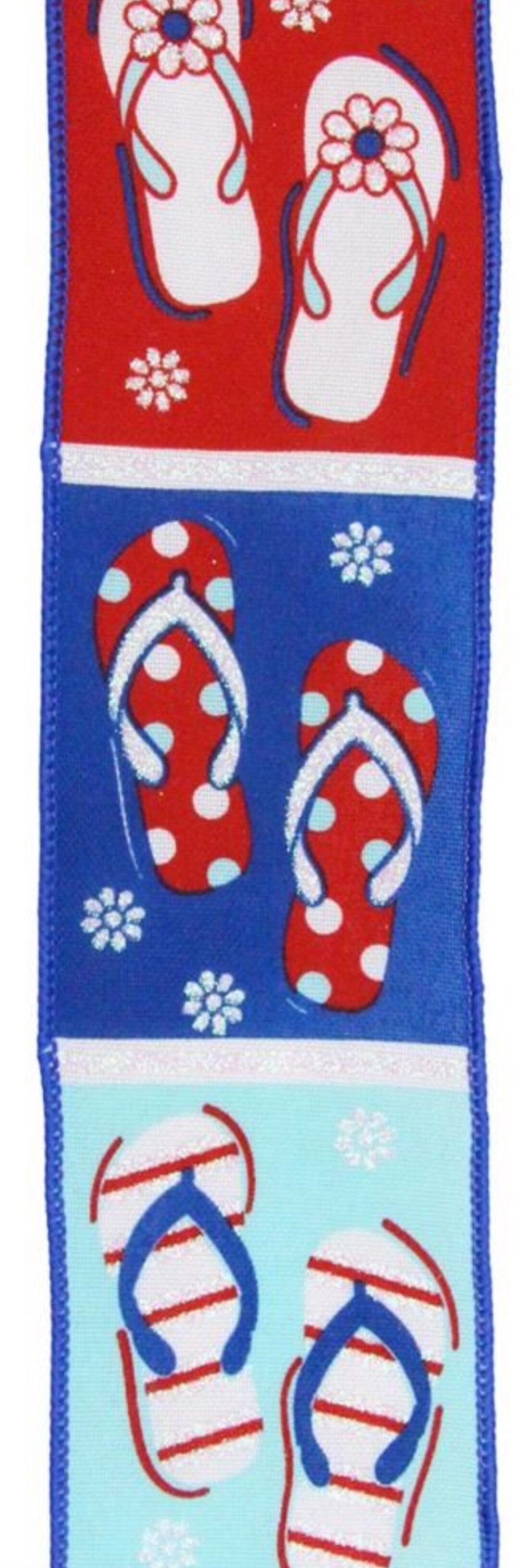 2.5” X 10 Yard Wired Patriotic Flip Flop Ribbon, Red White and Blue ...