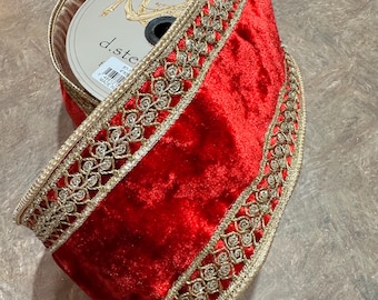 4" x 5 yards,  WIRED,  Red velvet with gold embroidery and glitter side trim, d.Stevens, 87-1349