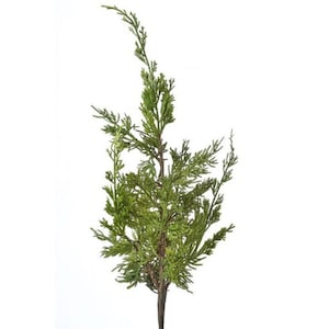May include: A green artificial cedar sprig with a long stem. The sprig is made of plastic and has a realistic look.