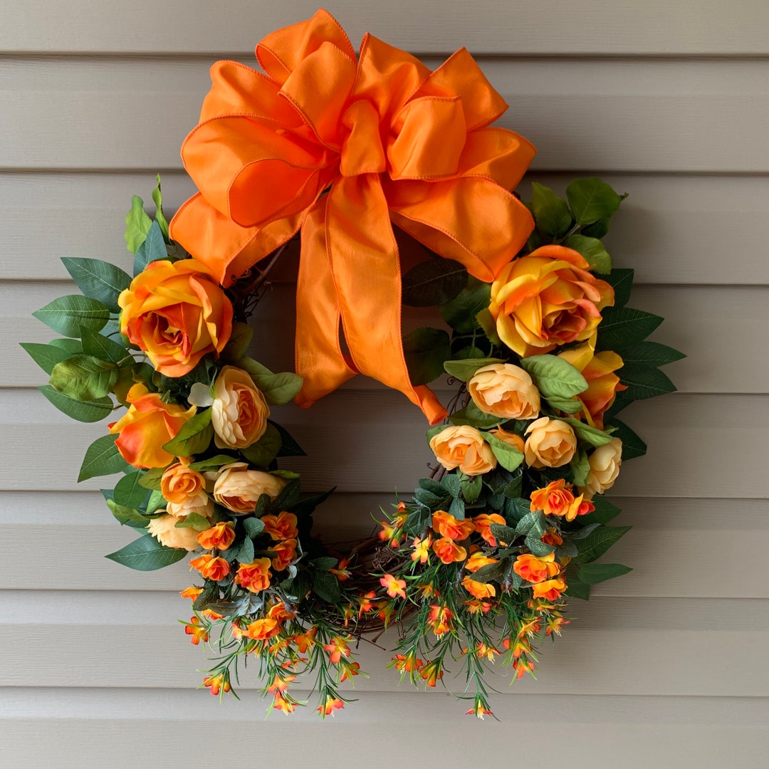 Orange Grapevine Wreath, Floral Door Hanger, Elegant Floral Door Wreath ...