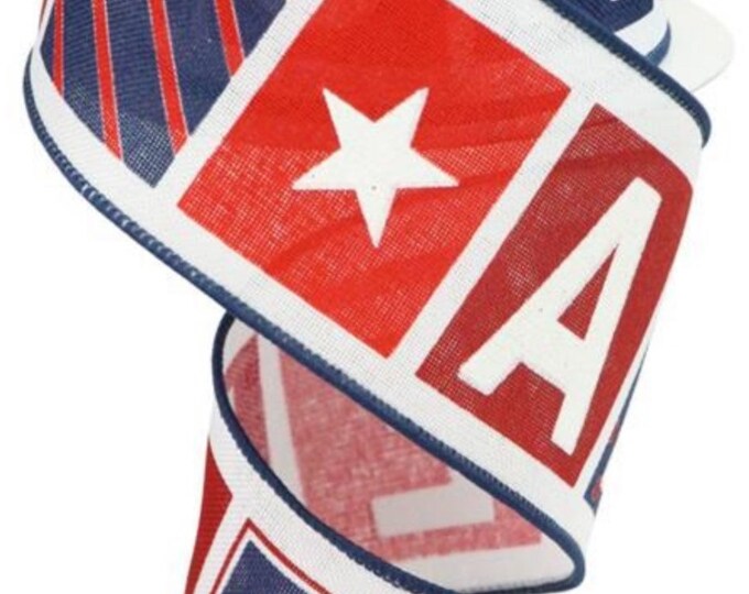 2.5” X 10 Red Wired Patriotic Blocks AMERICA on Royal Burlap Ribbon ...