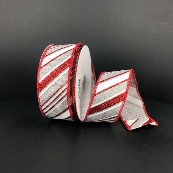 1.5” x 10 yard wired fall gray linen with red glitter diagonal stripes, gray & red ribbon, 71230-09-16